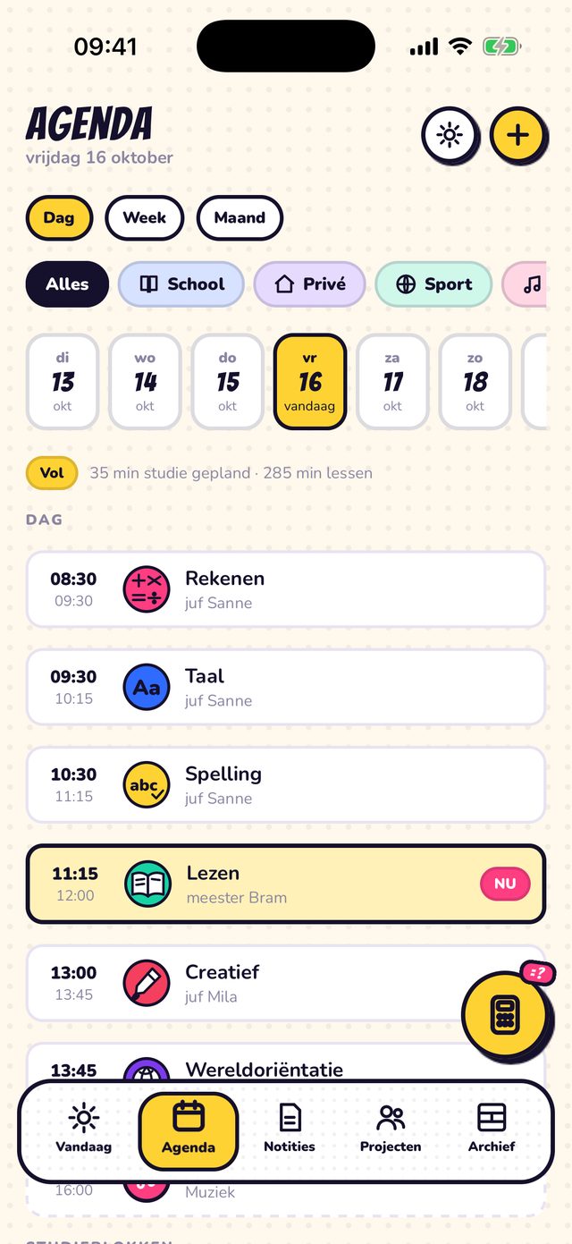 Agenda, dag: Lessen, studieblokken en wat af moet.