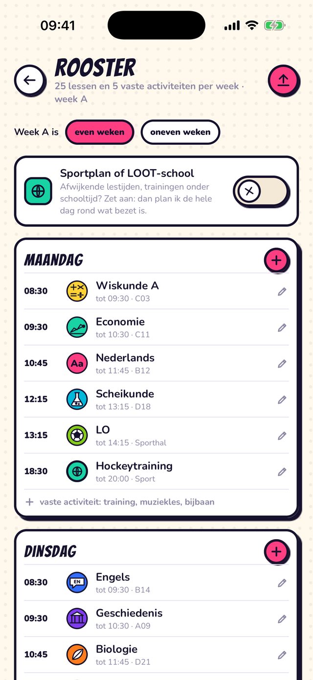Het rooster met lessen en een training als vaste activiteit